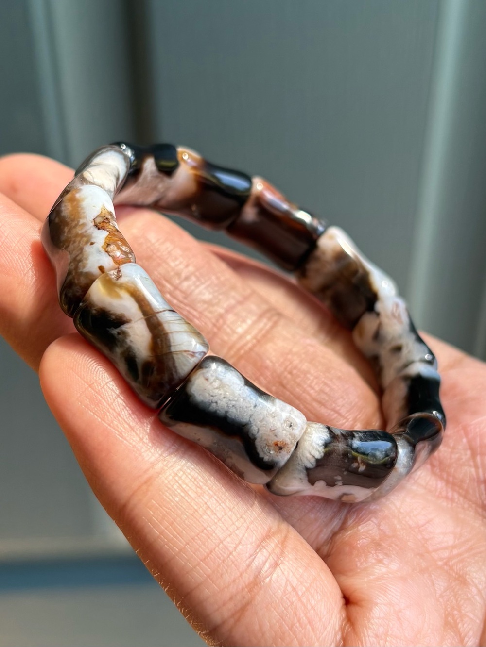 Black Flower Agate Crystal Bangle Bracelet 12.5mm